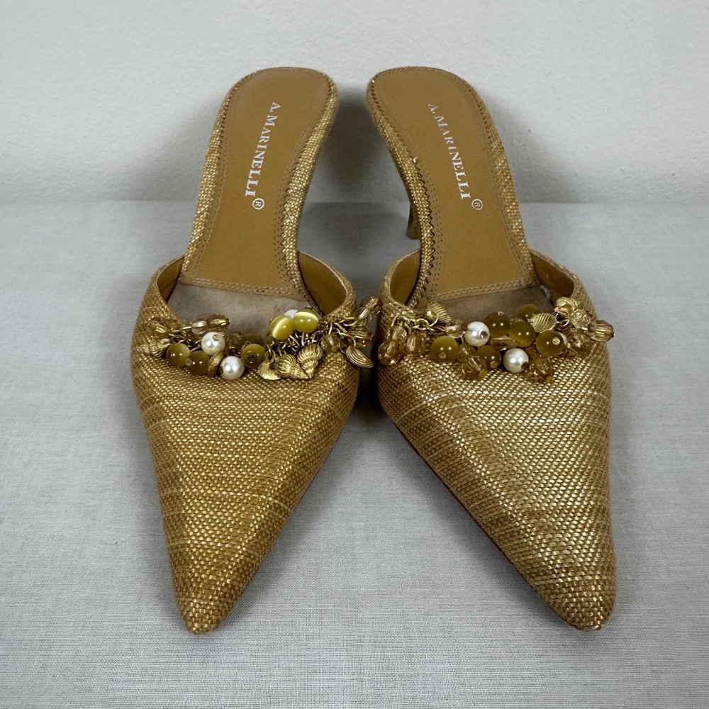 A. Marinelli Women's 5.5M Kitten Heel Mules Gold Beaded Pointed Toe Shell Shoes - Picture 3 of 7